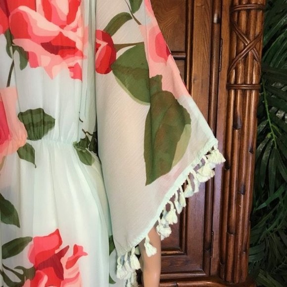 NWOT Chiffon Aqua Floral Tassel Tie Front Kimono Duster - Picture 8 of 12